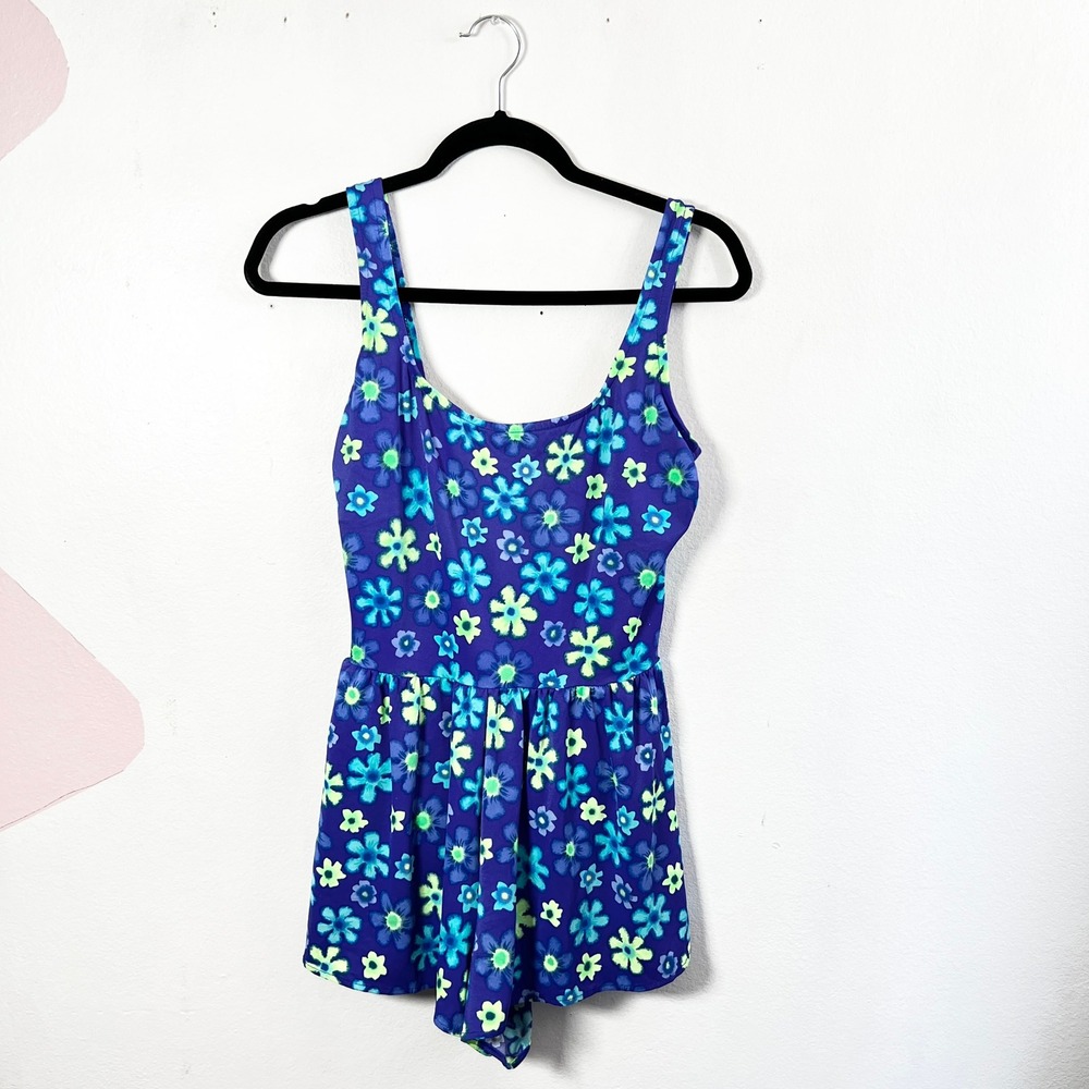 VTG Blue Floral Swimsuit Romper Dress Size 14 Zara Larsson Y2K